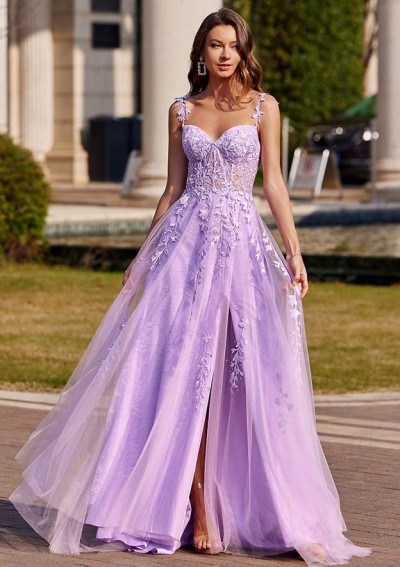 A-line V Neck Sweep Train Tulle Prom Dress with Appliqued Beading