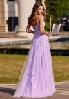 A-line V Neck Sweep Train Tulle Prom Dress with Appliqued Beading