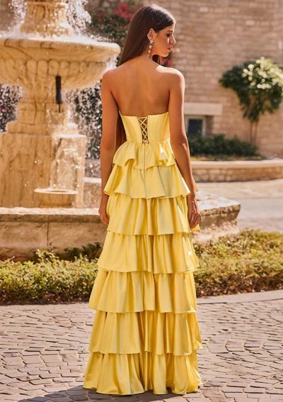Fitted Applique V Neck Silk like Satin Corset Slit Prom Dress with Side Draping