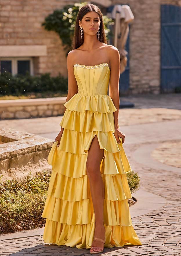 Fitted Applique V Neck Silk like Satin Corset Slit Prom Dress with Side Draping