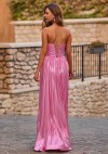 Sheath V Neck Silk like Satin Fitted Cut Out Ruched Prom Dress with Slit