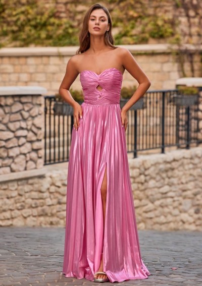 Sheath V Neck Silk like Satin Fitted Cut Out Ruched Prom Dress with Slit