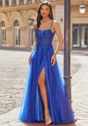 A-line Cowl Neck Chiffon Satin Layered Ruffle Prom Dress with Applique Slit