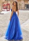 A-line Cowl Neck Chiffon Satin Layered Ruffle Prom Dress with Applique Slit